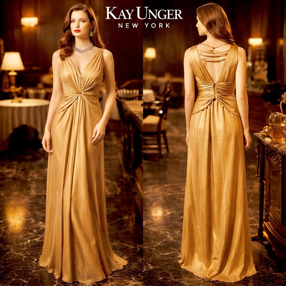 Kay Unger Gold Evening Gown - Twist Front V-Neck